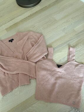 GUESS Blush Pink Ribbed Cardigan and Cropped Tank Set